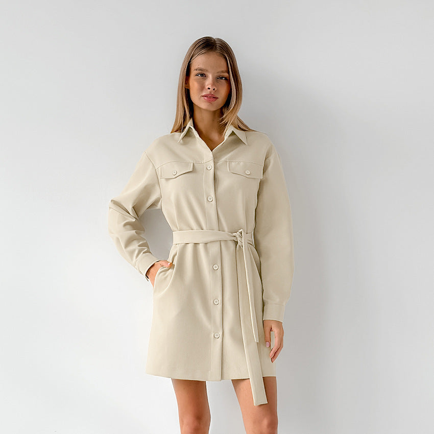 Lapel Drop Shoulder Sleeve Pocket Retro Dress Women