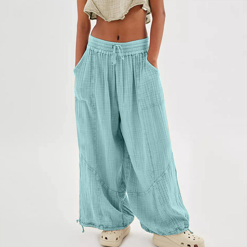 Women's Solid-color Wide-leg Pants With Elastic Drawstring Waist Elasticized Leg Cuffs Side Pockets For Spring&Fall Fashionable Simple Wear