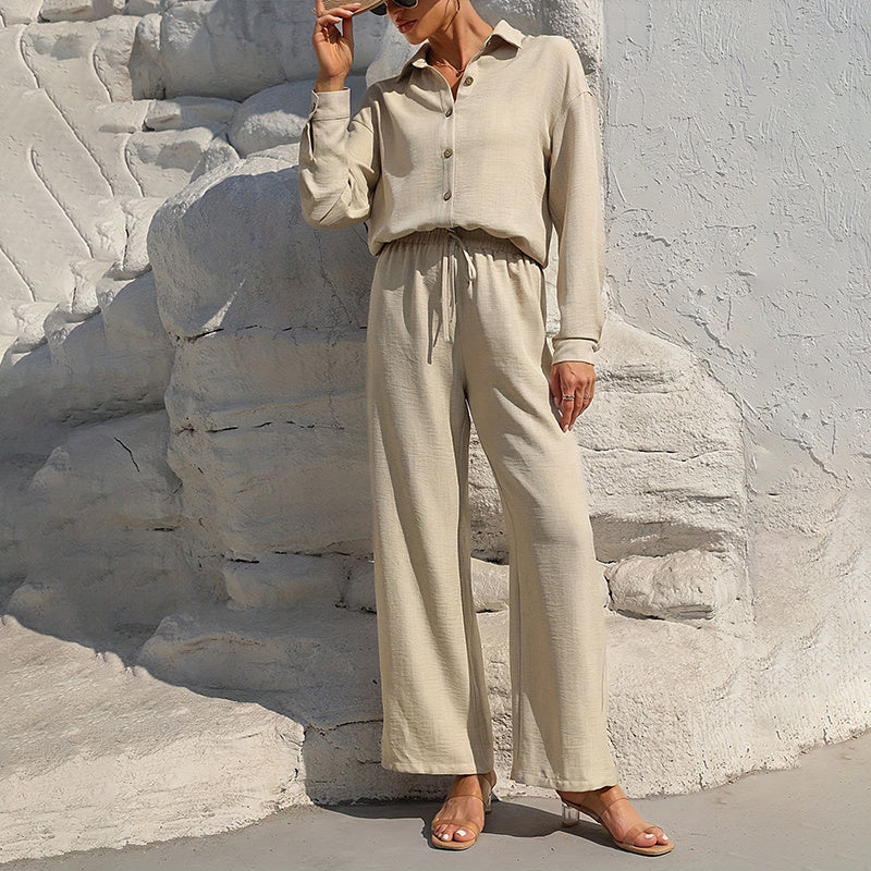 Women's Solid Color Lapel Long Sleeve Pants Set - Button-Up Casual Two-Piece Outfit With Drawstring Waist, Spring&Fall Lounge Wear