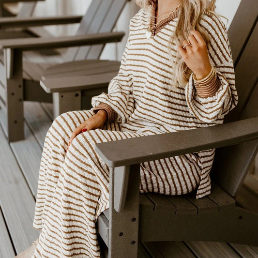 Khaki Stripe Collared Pullover Top And Drawstring Pant Set