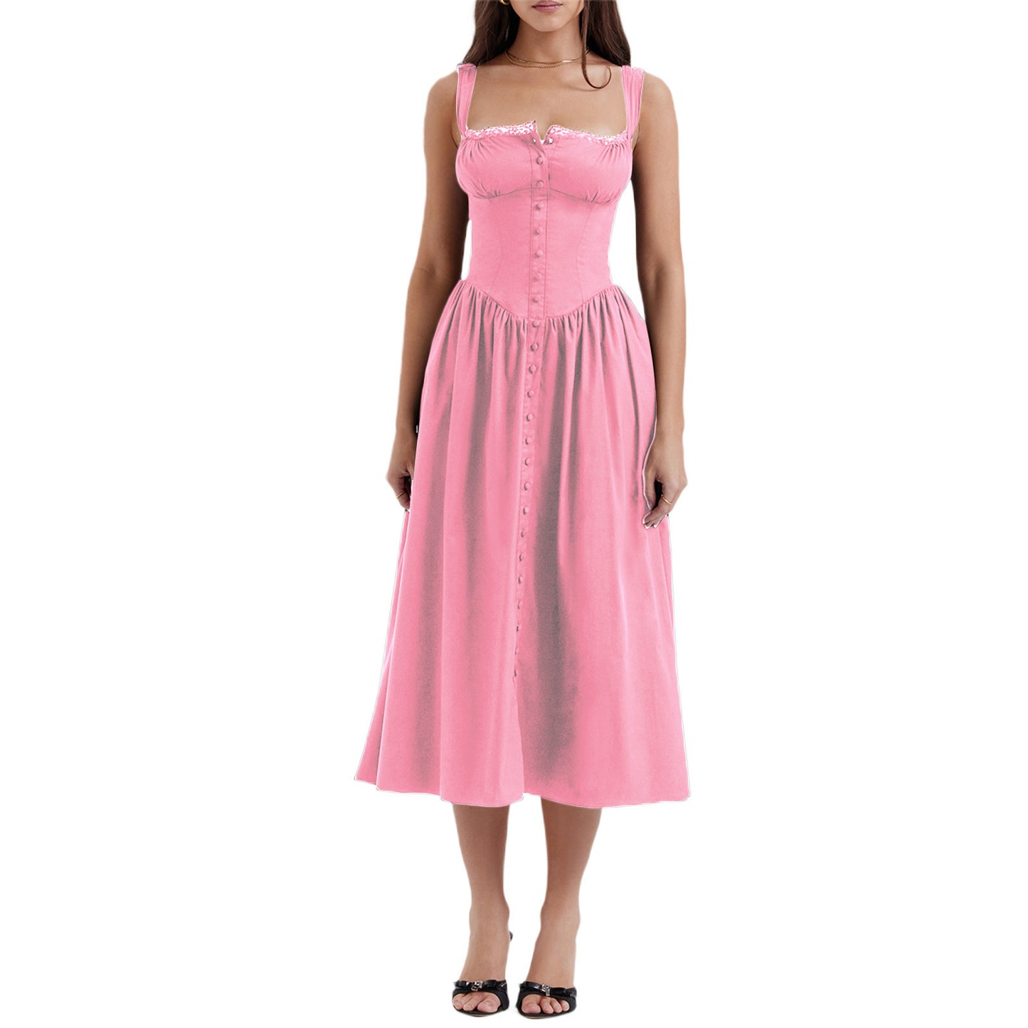 New Spring And Summer European And American Style Spaghetti Straps Chest Wrap Small Floral Solid Color Dress