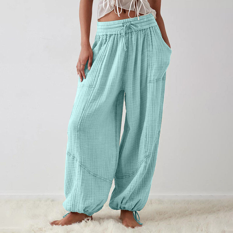 Women's Solid-color Wide-leg Pants With Elastic Drawstring Waist Elasticized Leg Cuffs Side Pockets For Spring&Fall Fashionable Simple Wear