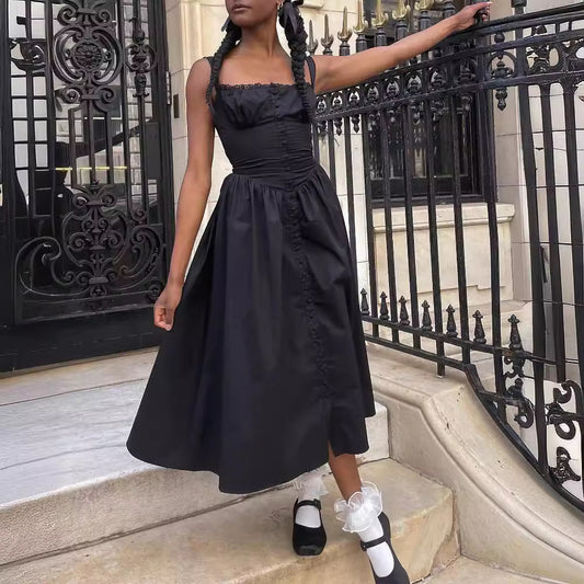 New Spring And Summer European And American Style Spaghetti Straps Chest Wrap Small Floral Solid Color Dress
