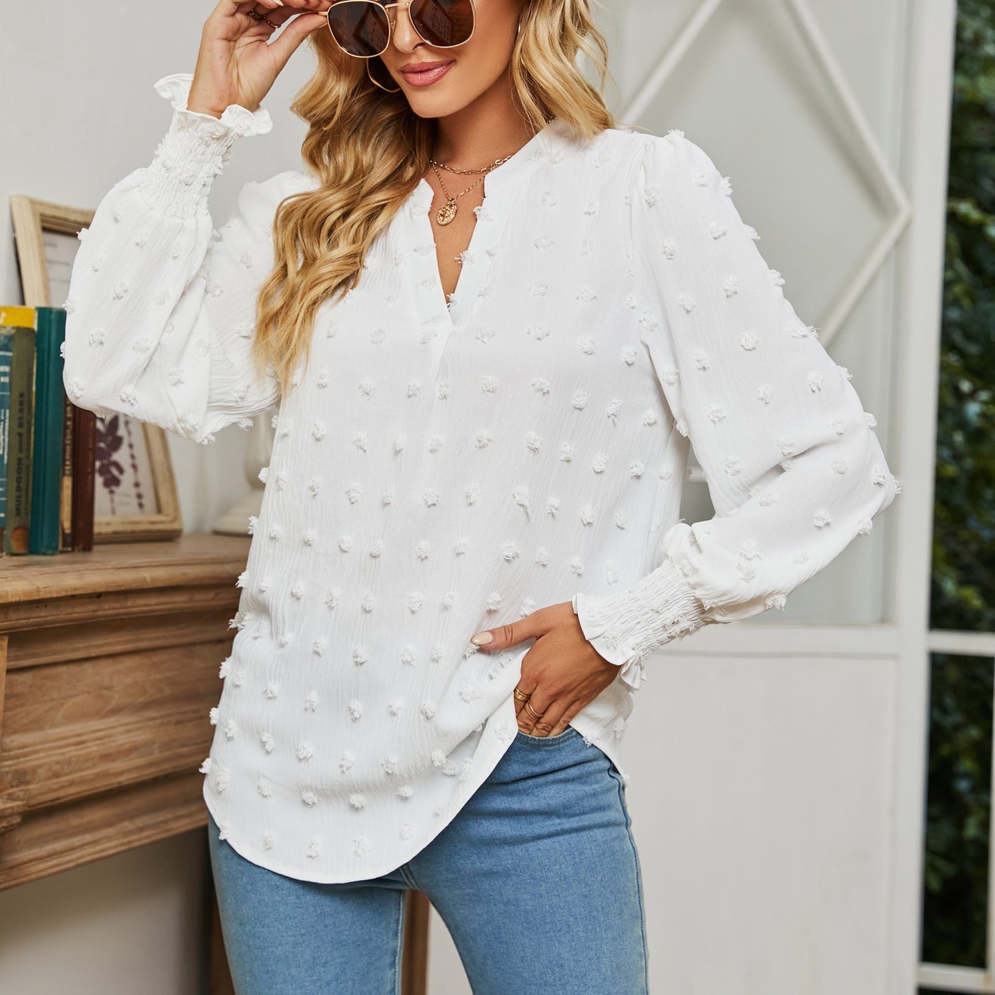 Dot Long-sleeved Bubble Sleeve V-neck Shirt Top