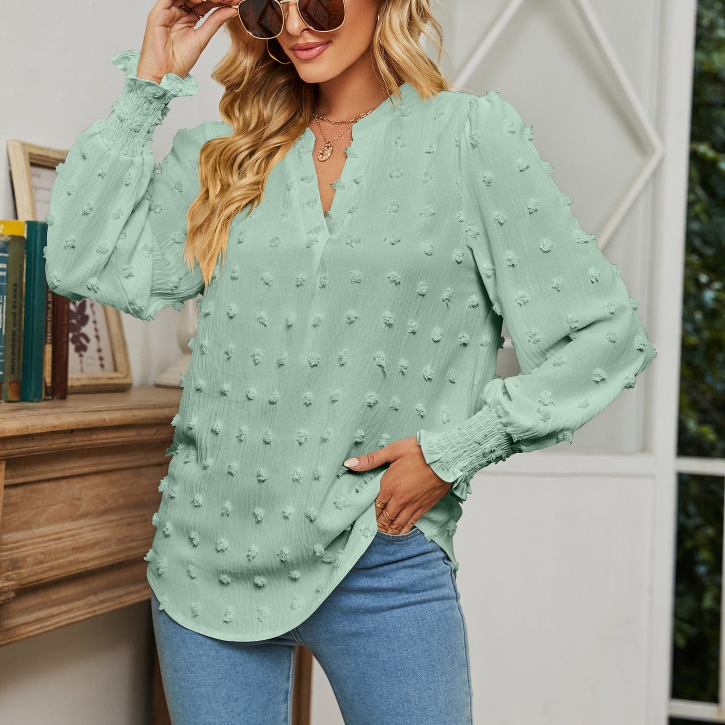 Dot Long-sleeved Bubble Sleeve V-neck Shirt Top