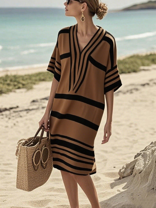 European And American Digital Printing Striped V-neck Dress