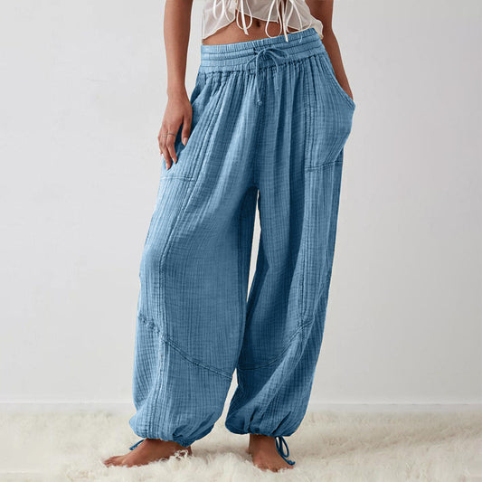Women's Solid-color Wide-leg Pants With Elastic Drawstring Waist Elasticized Leg Cuffs Side Pockets For Spring&Fall Fashionable Simple Wear