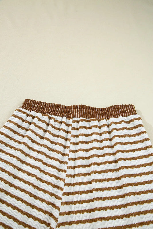 Khaki Stripe Collared Pullover Top And Drawstring Pant Set