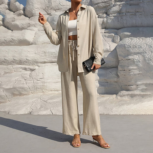 Women's Solid Color Lapel Long Sleeve Pants Set - Button-Up Casual Two-Piece Outfit With Drawstring Waist, Spring&Fall Lounge Wear